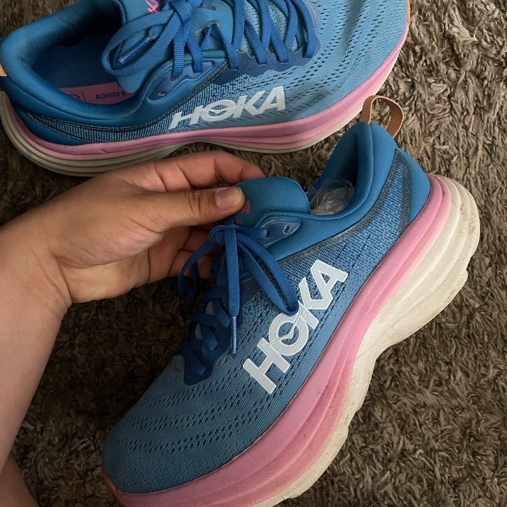 Hoka Women's Blue Running Shoes with Pink Midsole and Orange Heel Tabs